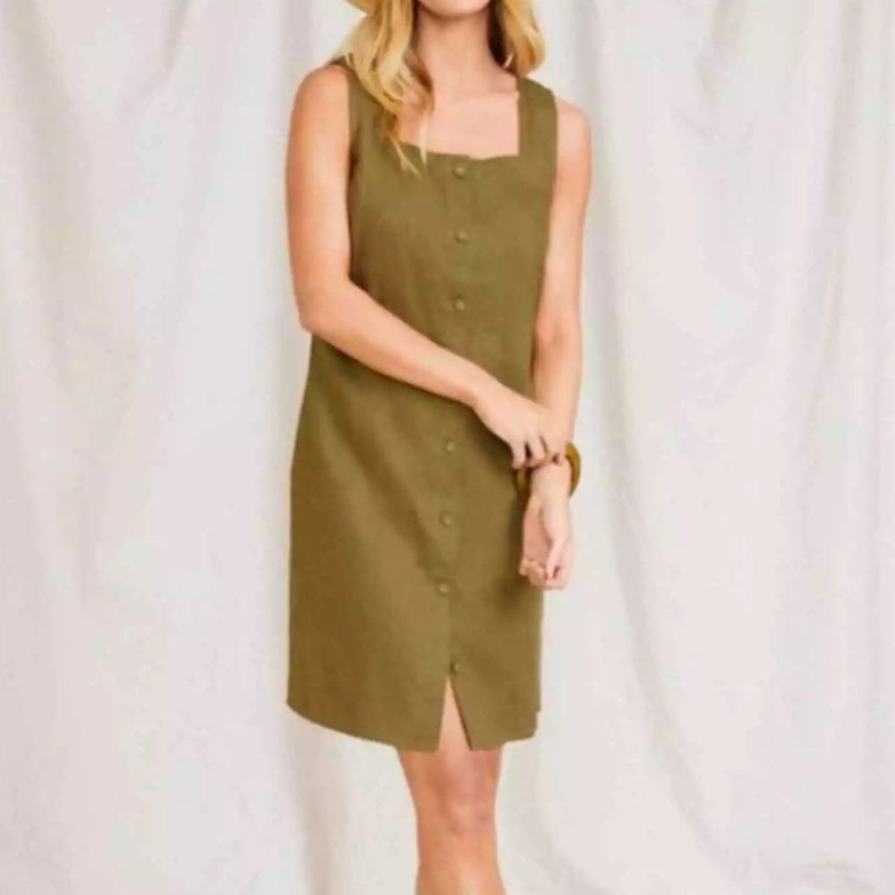 NWOT Garnet Hill Olive Green Button Front 100% Linen Dress | Size 10